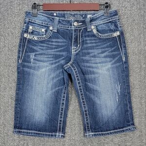 Miss Me Shorts Womens 28 Blue Bermuda Flap Pockets Embroidered Embellished Bling